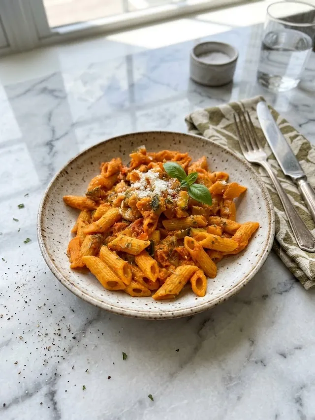 Pâtes courgette, poulet & pesto rosso