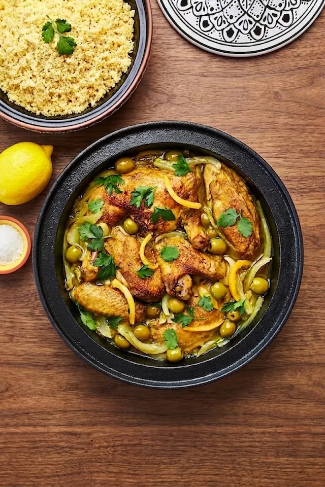 Tajine poulet, citron confit & olives